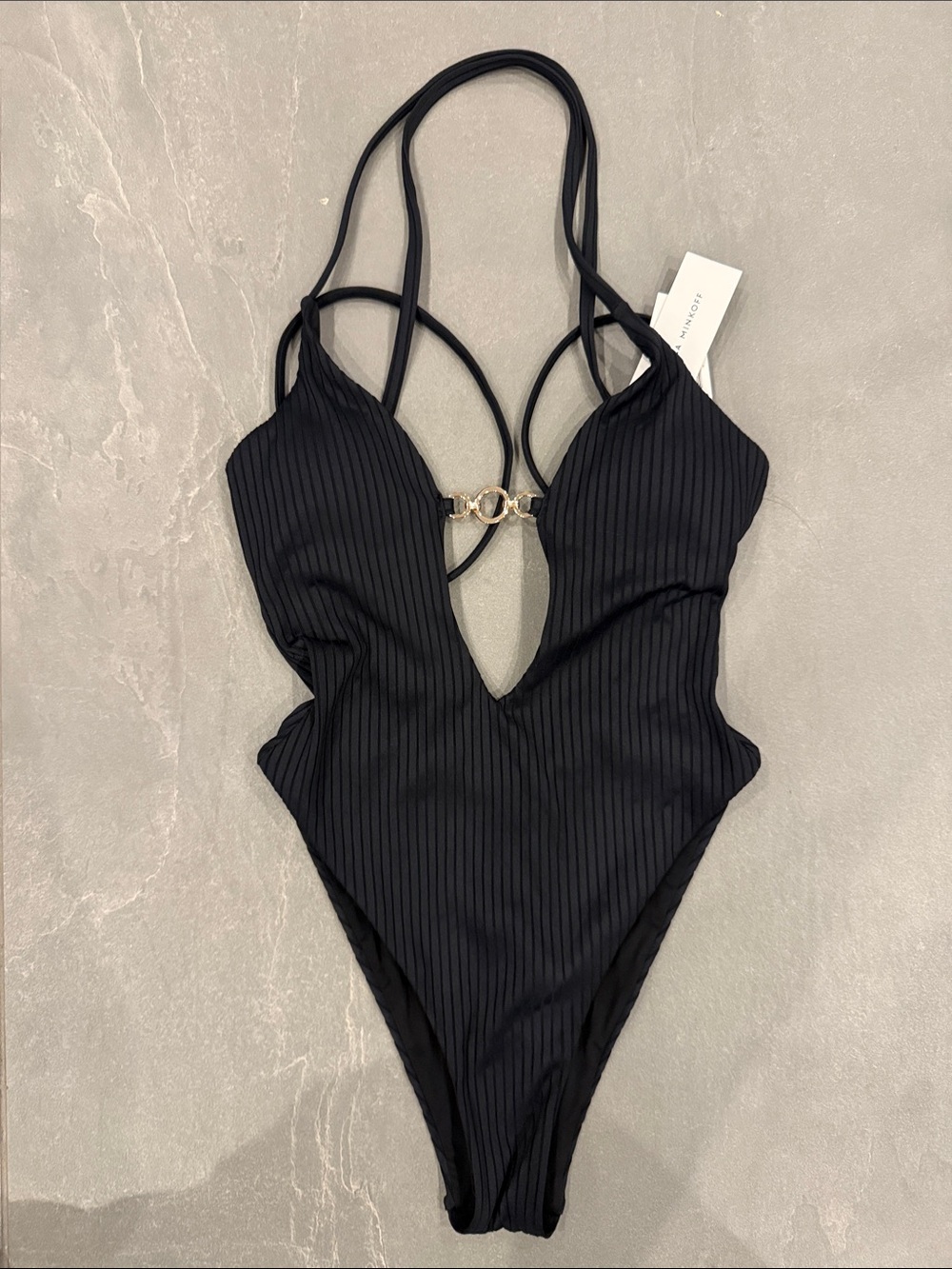 Black Ribbed One-Piece Swimsuit with Front Ring Detail